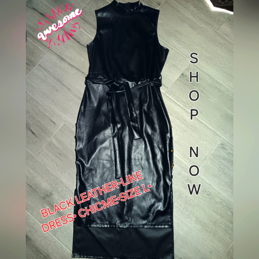 Black Sleeveless Dress With Belt. Leather-Like Material
